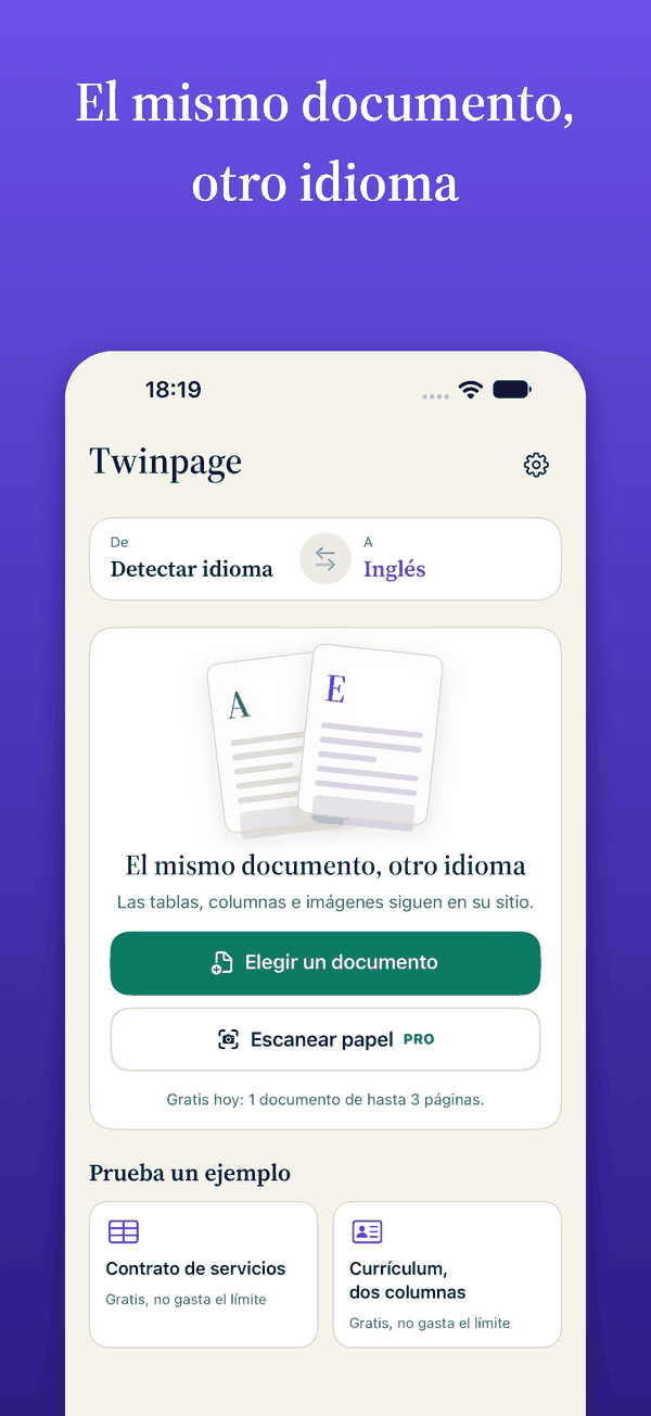 Pantalla de inicio de Twinpage con el par de idiomas y el botón Elegir documento